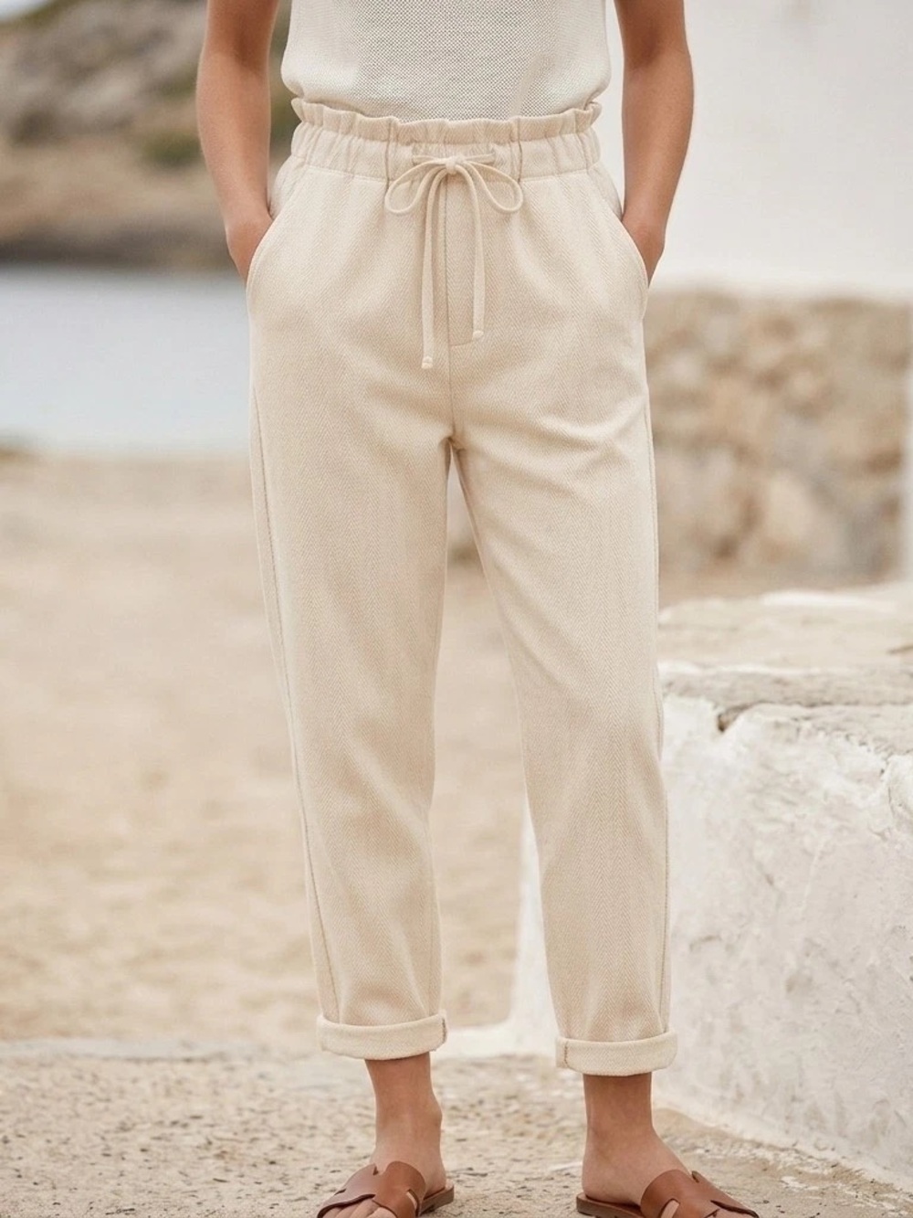 Zara Cream Cropped Drawstring Pants